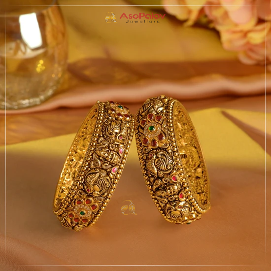 22K Antique Nakshi Gold Bangle with Light Pink Ruby Pota | Asopalav Jewellers